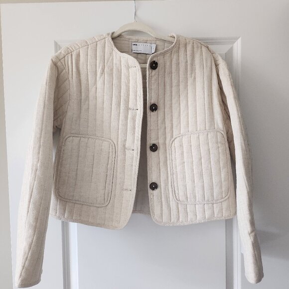 (NEW + TAGS) ASOS DESIGN linen crop collarless quilted jacket in oatmeal - Picture 1 of 5